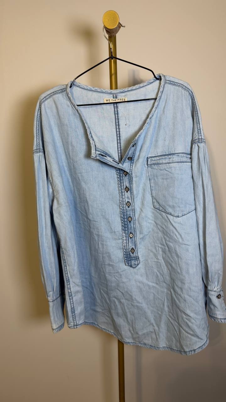 Free People We The Free Denim Dreaming Pullover Light Blue M NWOT $148