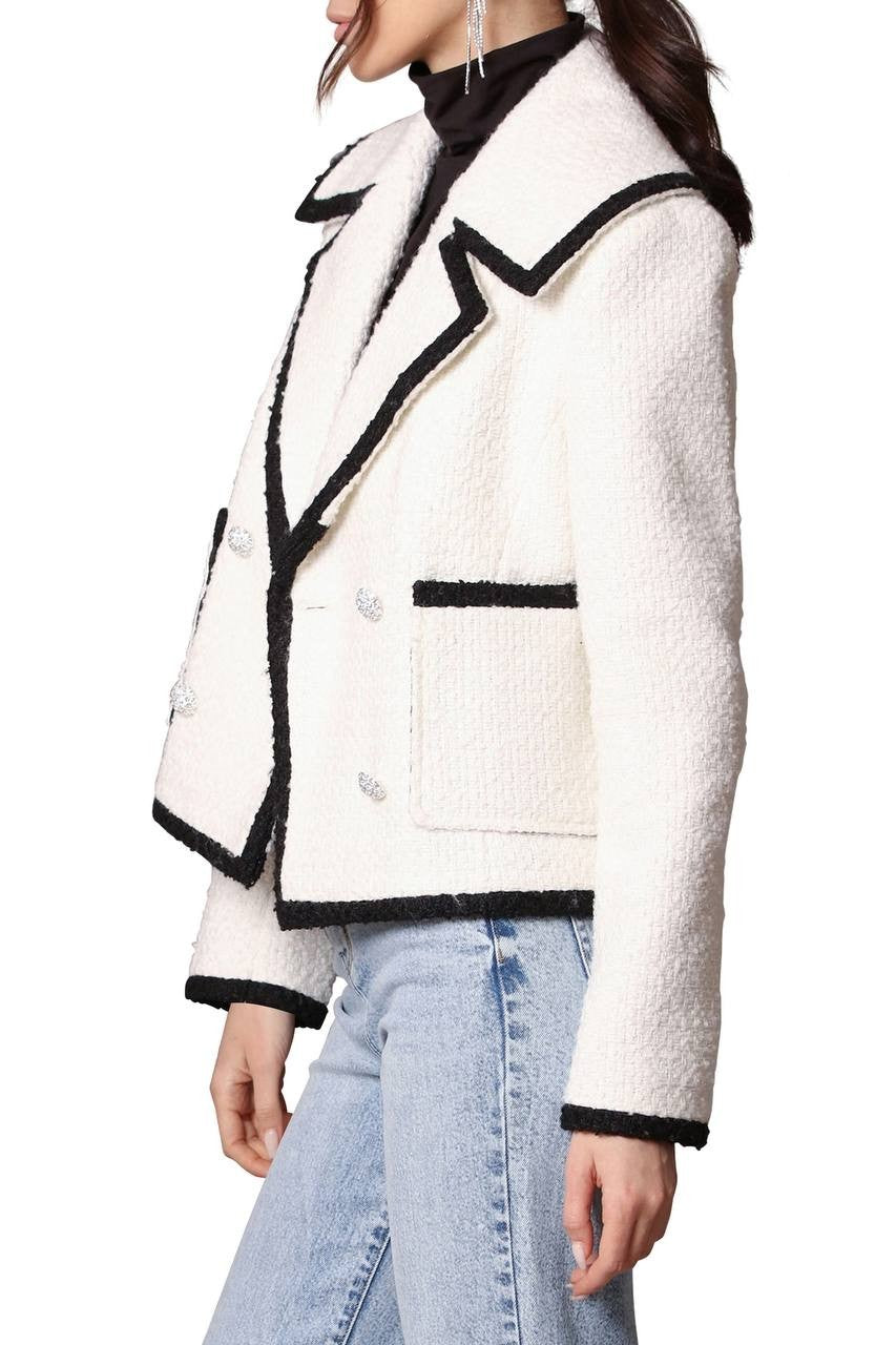 Avec Les Filles Tweed Double‑Breasted Tipped Jacket Cream M NWOT $169