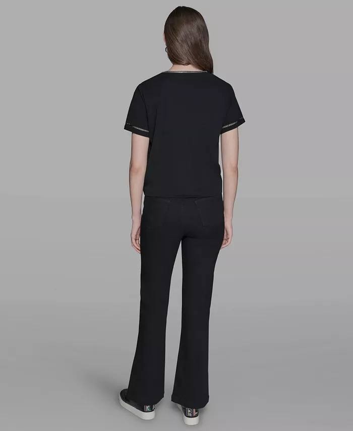 Karl Lagerfeld Paris Crystal Bow V‑Neck Knit Top Black S NWT $89