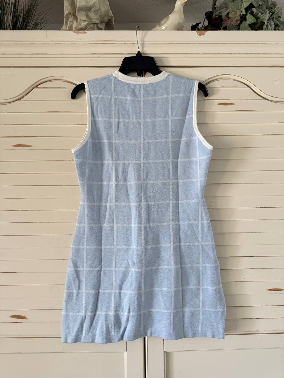 French Connection Dress L Blue Check Sleeveless Round Neck New No Tags