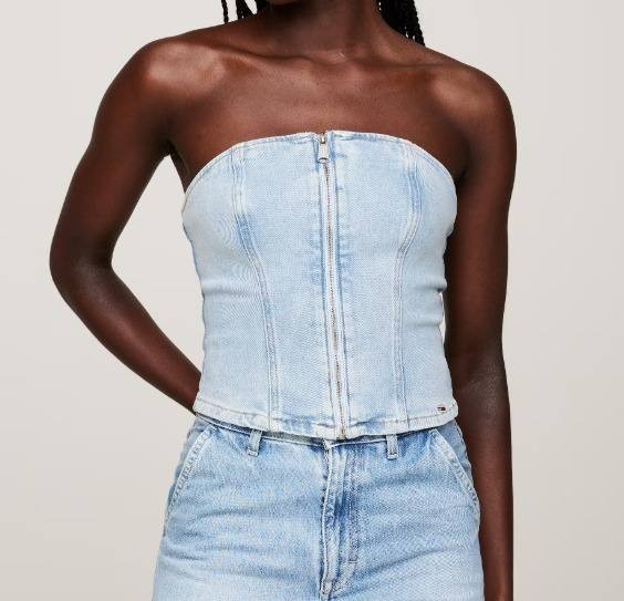 Tommy Jeans Denim Top S/P Strapless Zip-Front Smocked Back NWT - MSRP 90$