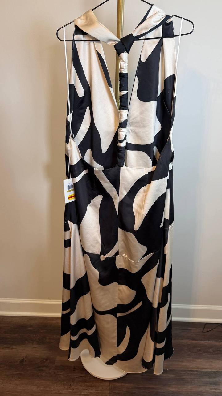 Parker Nia Abstract Print Plunge Halter Dress Open Back Multi Size14 NWT snags