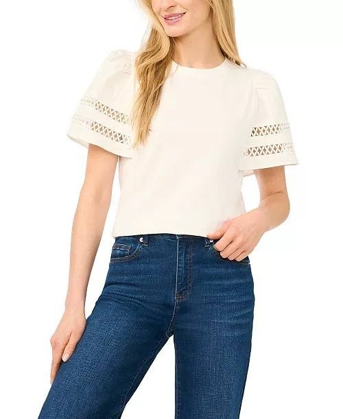 CeCe Combo Trim-Sleeve Crew Neck Top New Ivory L NWT $59