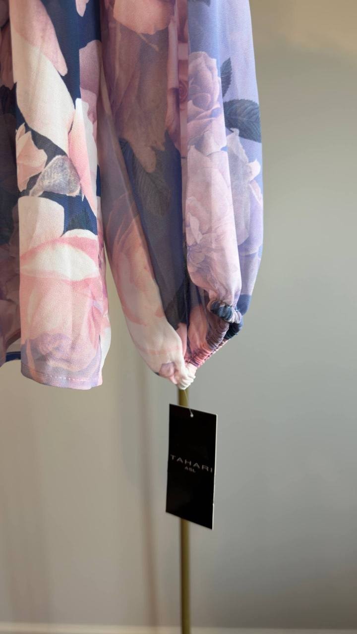 Tahari ASL Printed Ruffle Top Blue Petal Floral 1X NWT $109