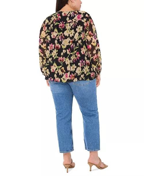Vince Camuto Plus Size Floral‑Print V‑Neck Blouse Black Multi 1X $89 NWT