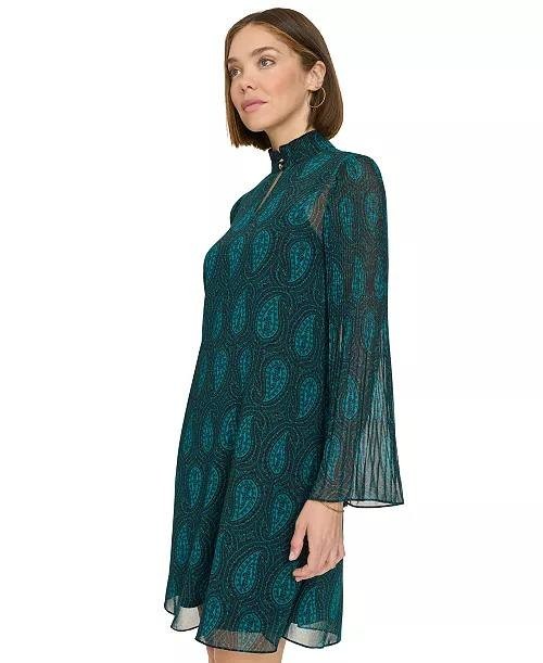 Tommy Hilfiger Dress 2 Green Ruffled Keyhole Neck Chiffon Shift Long Sleeve NWT