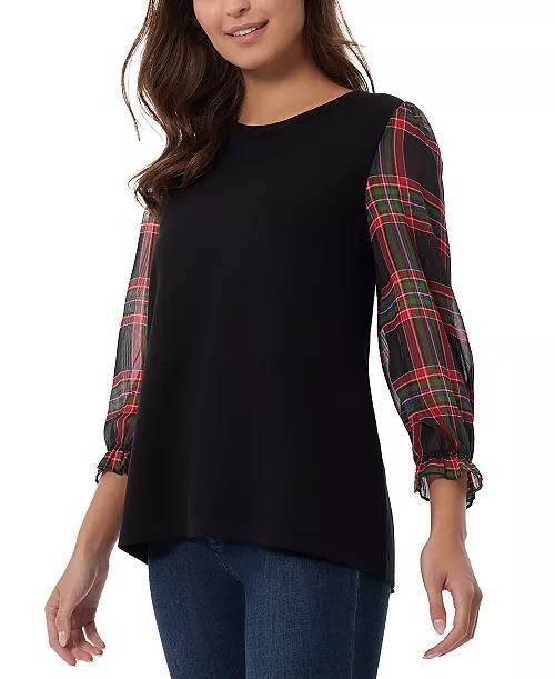 Jones New York Plaid-Sleeve Crewneck Top, Black PS Petite NWT New with Tags