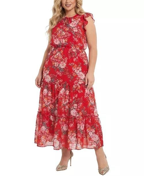 NY Collection Plus Flutter‑Sleeve Tiered Dress Red Multi 3X NWT $56