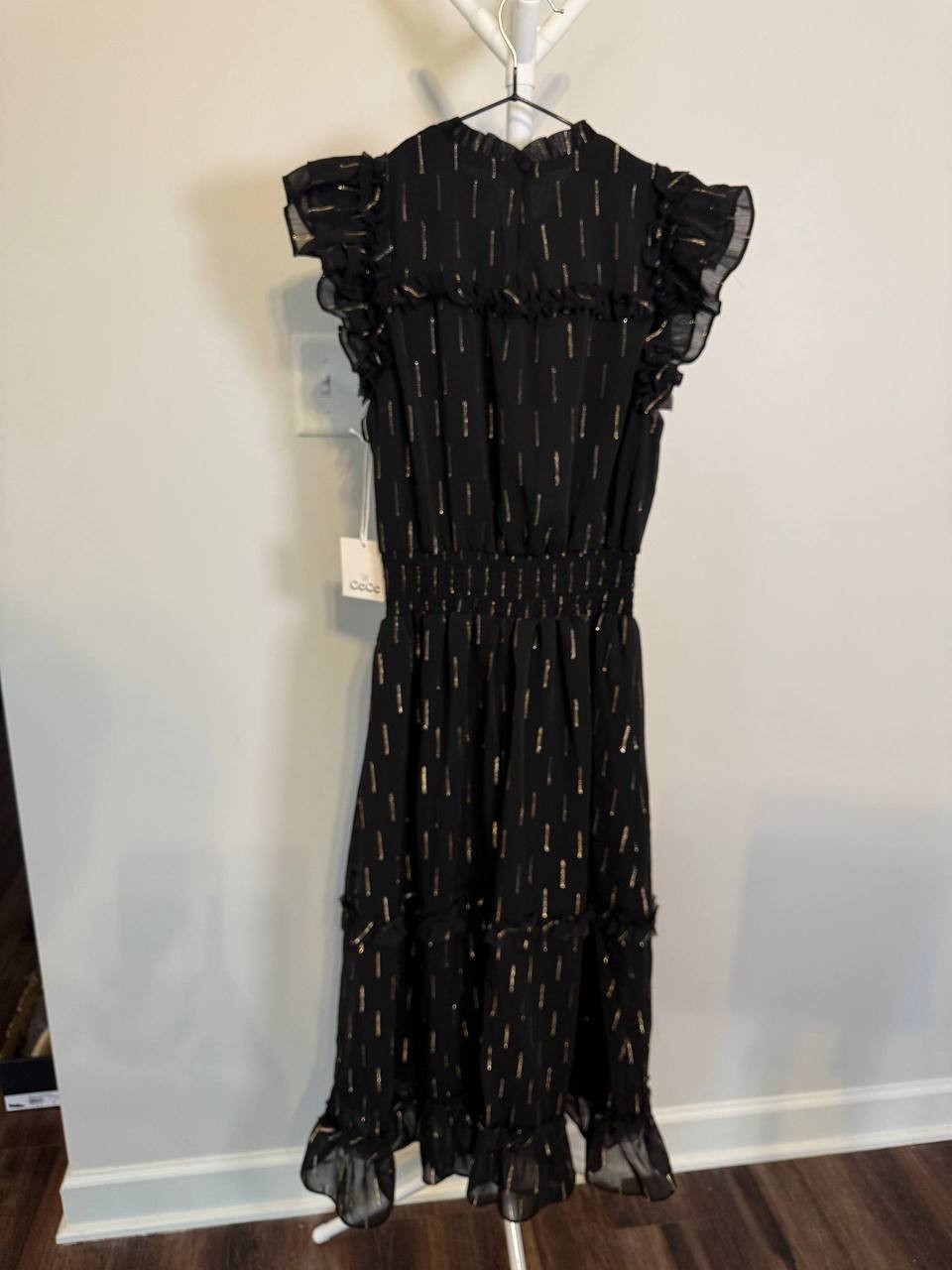 CeCe Metallic‑Print Ruffled Smocked‑Waist Midi Dress – Size S – NWT – $129
