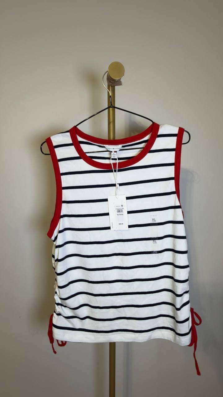 Tommy Hilfiger Tie‑Detail Sleeveless Cotton Top White/Red/Black XL NWT $39.50