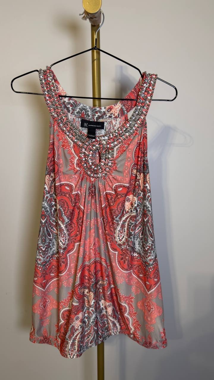 INC International Concepts Paisley Beaded Top Coral Multi XL NWOT $59.50