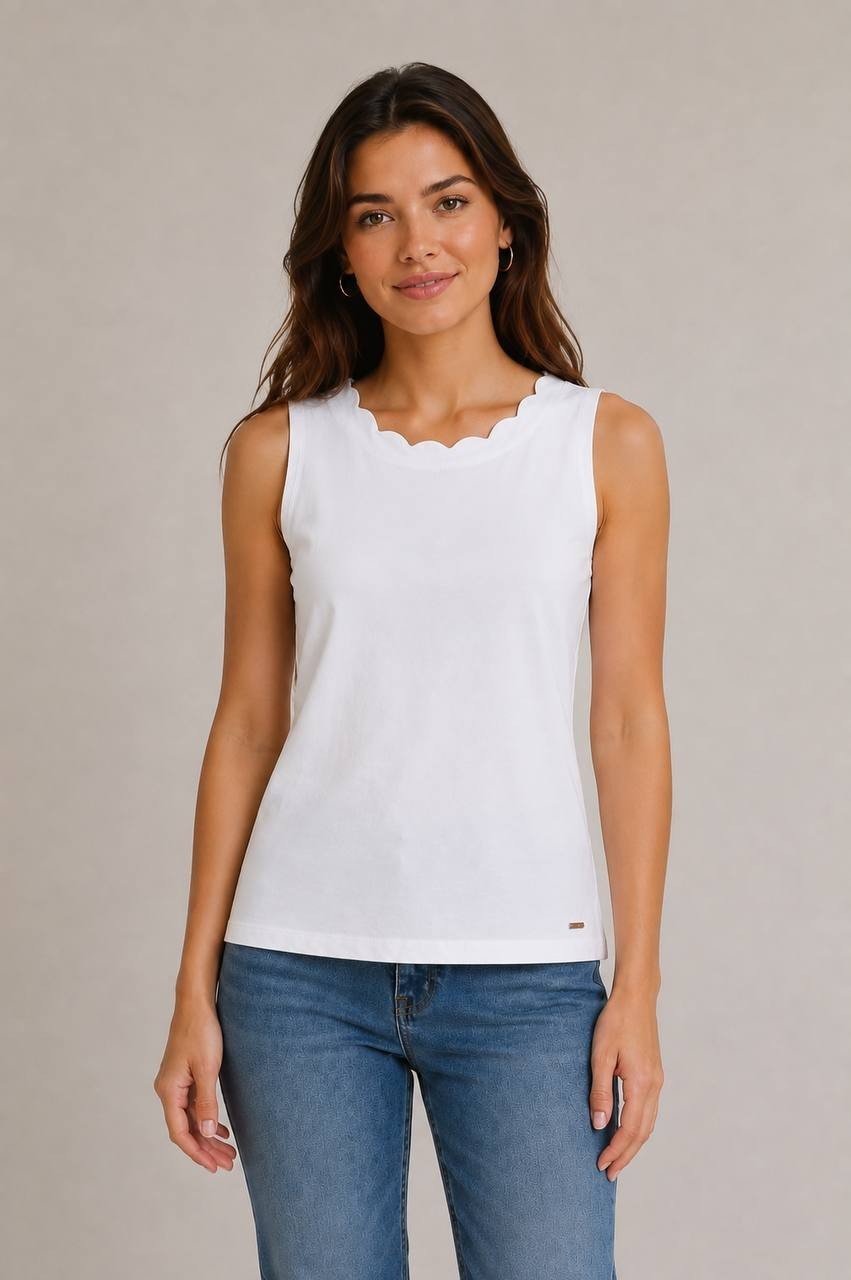 Anne Klein Coastal Knit Scallop Neck T‑Shirt White S NWOT $49