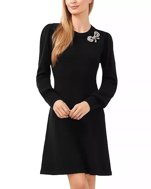 CeCe Bow Applique Sweater Dress Rich Black XL NWT $99