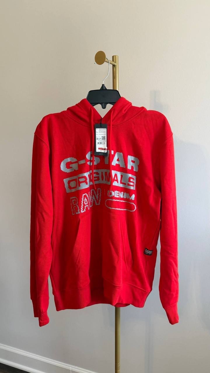 G‑Star RAW Men’s Distressed Originals Logo Fleece Hoodie Red L $140 NWT