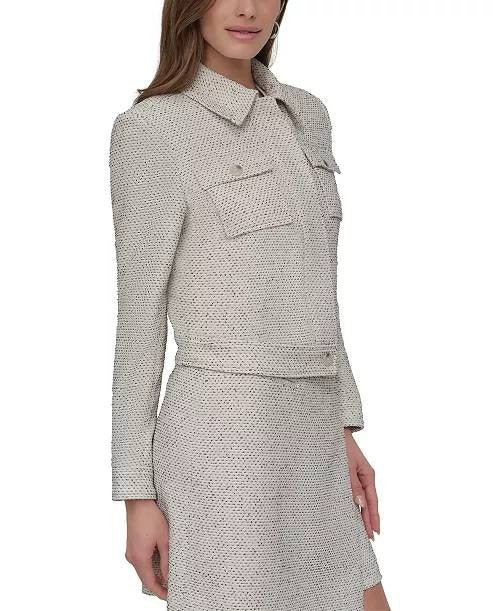 DKNY Petite Cropped Tweed Trucker Jacket Long Sleeve White Black 8P $159 NWT