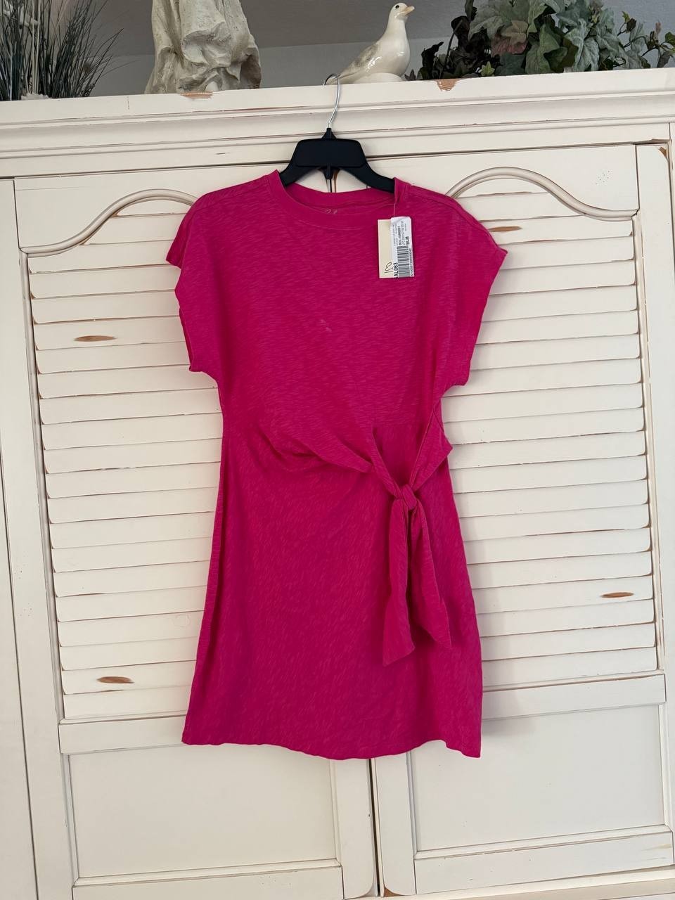 Elan Fuchsia Short Sleeve Side Tie Cotton Sheath Dress, Size M, Vacation