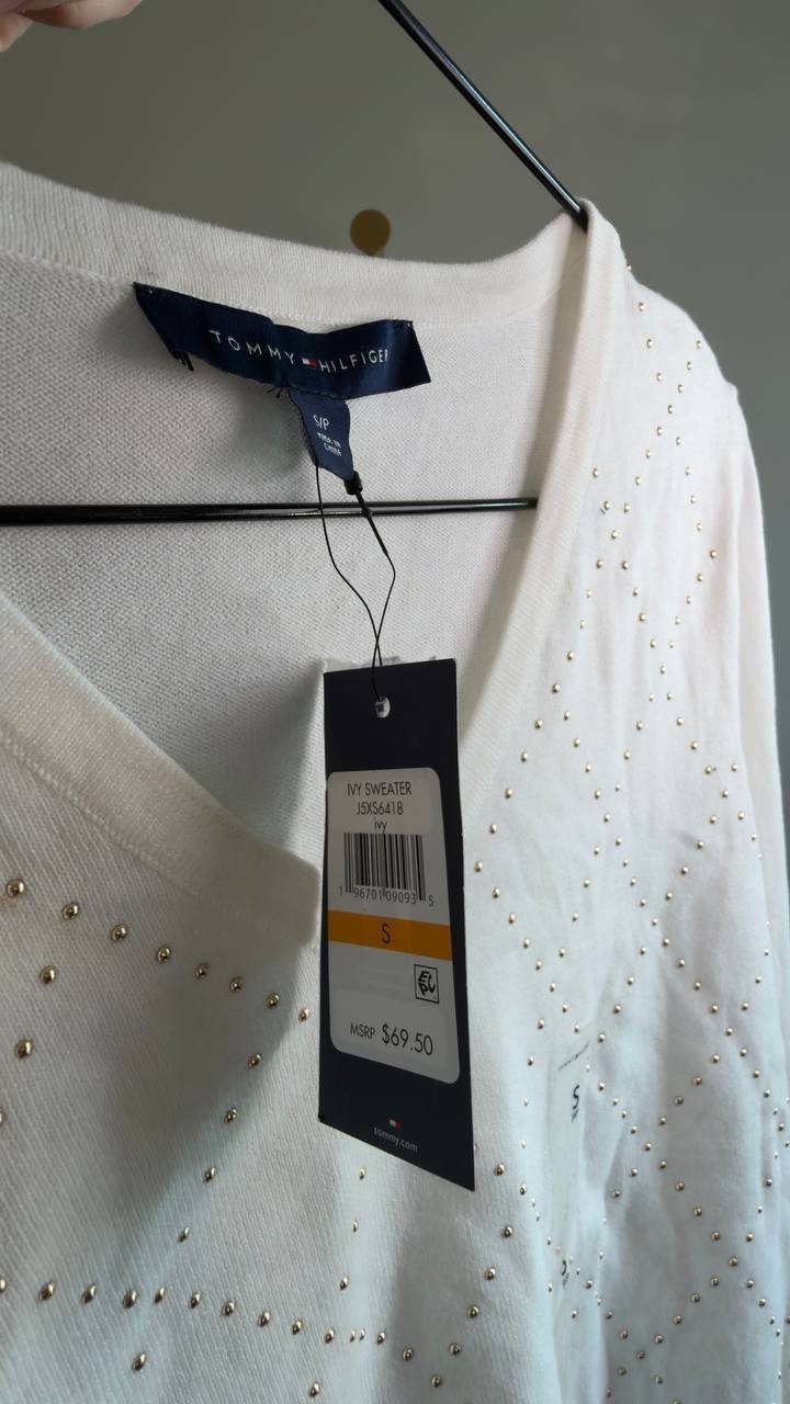 Tommy Hilfiger Rhinestone Argyle V‑Neck Sweater Ivory S NWT $69.60