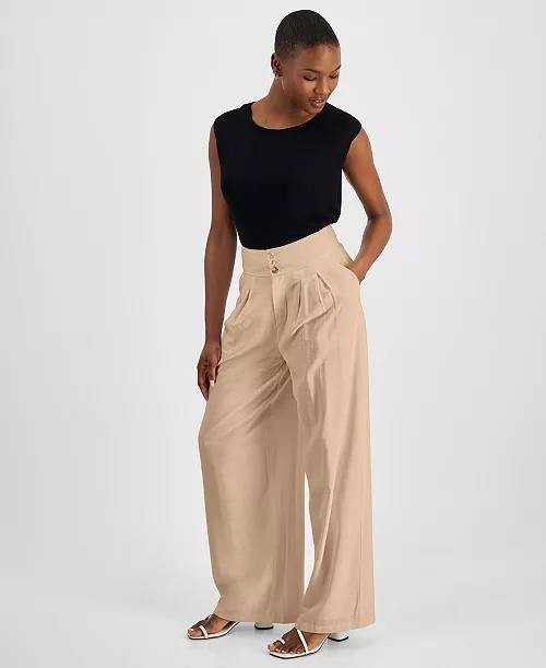Bar III Petite Wide-Leg Pants Brown 10P NWT High-Rise Pleated Front Office