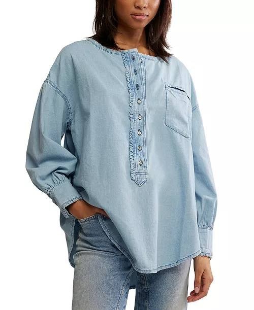 Free People We The Free Denim Dreaming Pullover Light Blue M NWOT $148