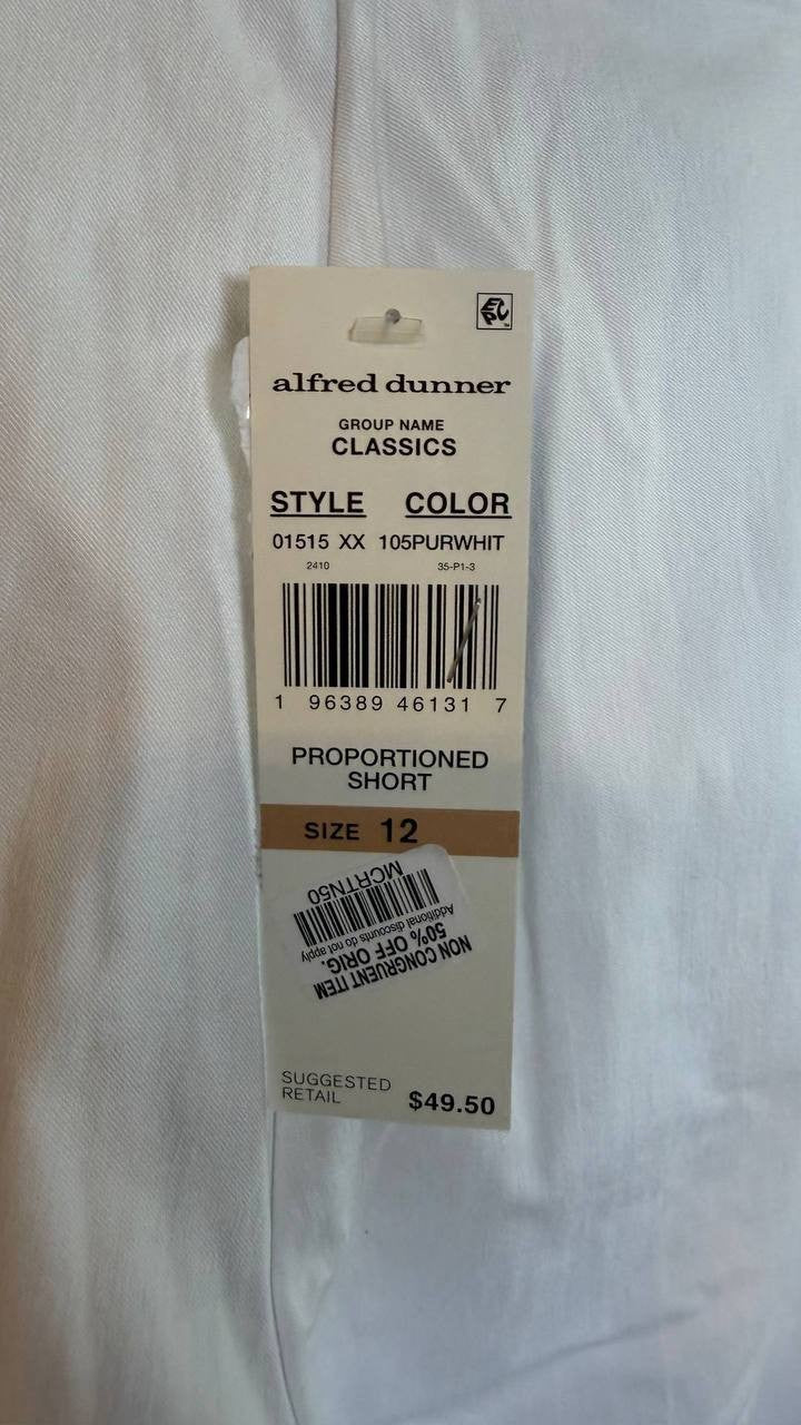 Alfred Dunner Classics Allure Stretch Short Length Pants White Size 12 NWT