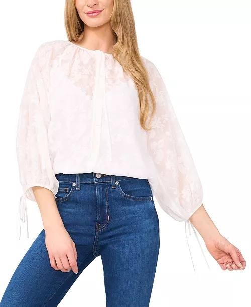 CeCe Blouse XL White Floral Lace Puff Sleeve Button Front NWT MSRP $99