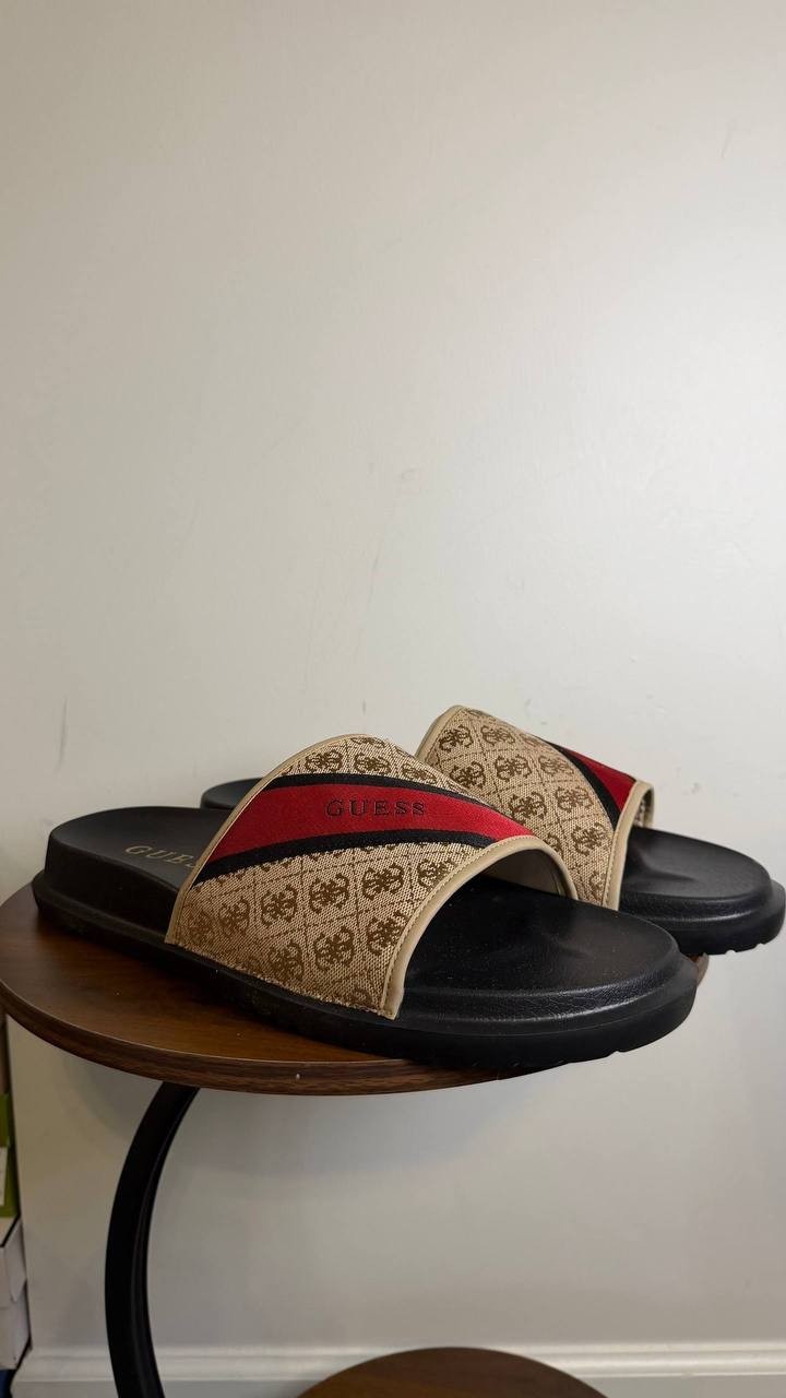 Guess Natural Logo Multi Textile Slides 13M New in Box $65