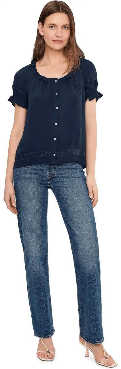 CeCe Wide Ruffle Neck Button Front Top Classic Navy L NWT $79