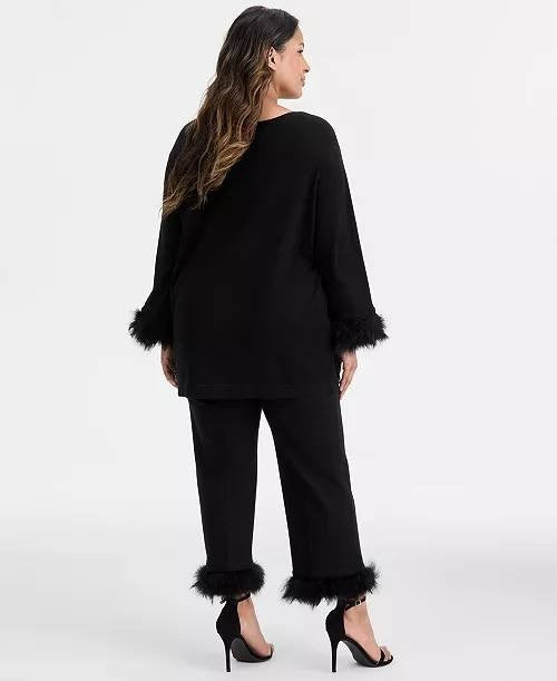 Anne Klein Crewneck Feather‑Trim Cuff Sweater Black L NWT $129