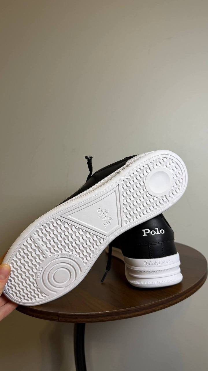 Polo Ralph Lauren Heritage Court II Leather Sneakers Black White 8.5 NWB $145