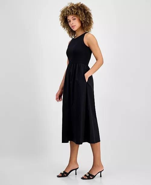 Anne Klein Sleeveless Mixed Media Midi Dress-Black-Size L-NWT-$129