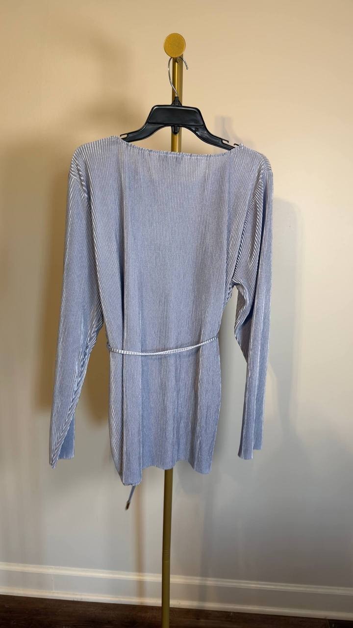 Donna Karan NY Plissé Tie‑Waist Blouse Glacial Blue XL NWT $79