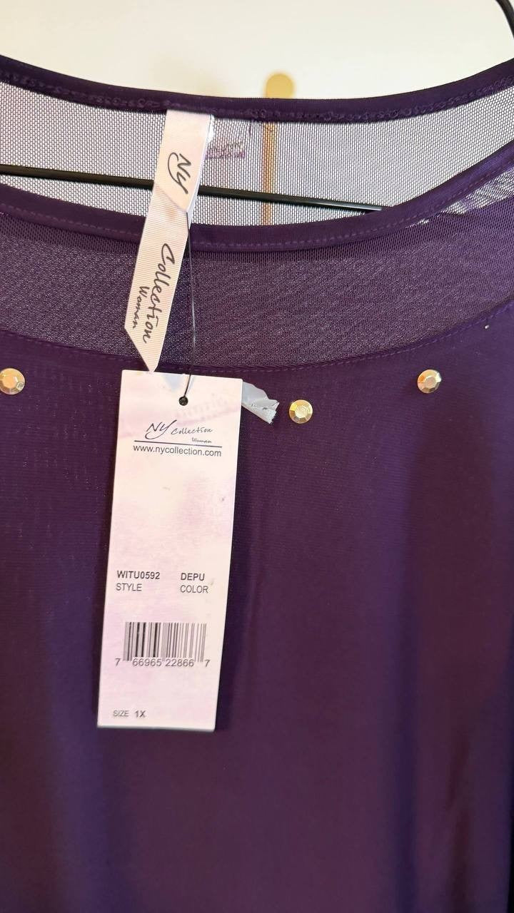 NY Collection Plus Size Knit Top Sheer Inset Deep Purple 1X NWT $32.99
