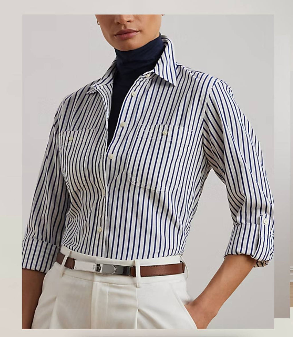 Lauren Ralph Lauren Shirt S Light Blue Cotton Roll-Tab Sleeve Relaxed Fit NWT