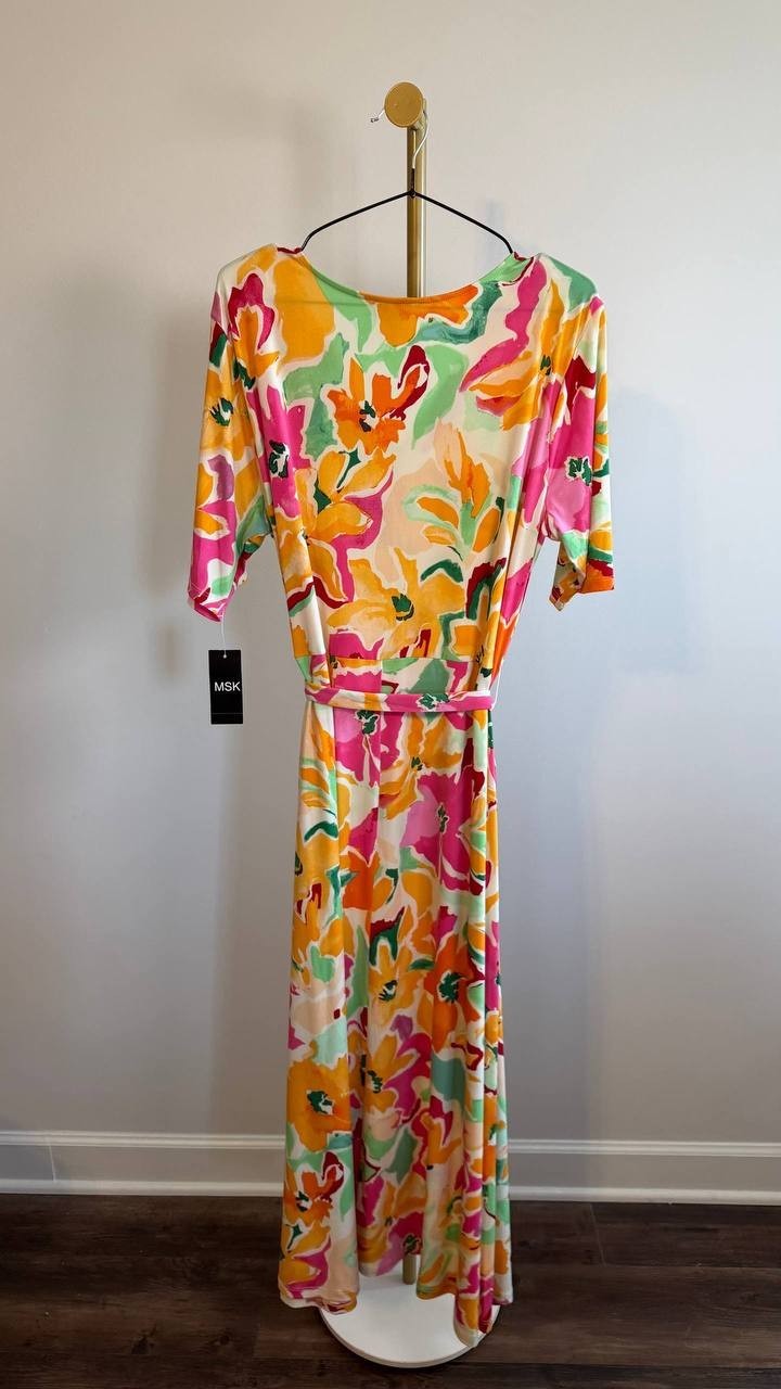 MSK Floral Print Tie Waist V‑Neck Midi Dress Multicolor XL $69 NWTMSK Floral