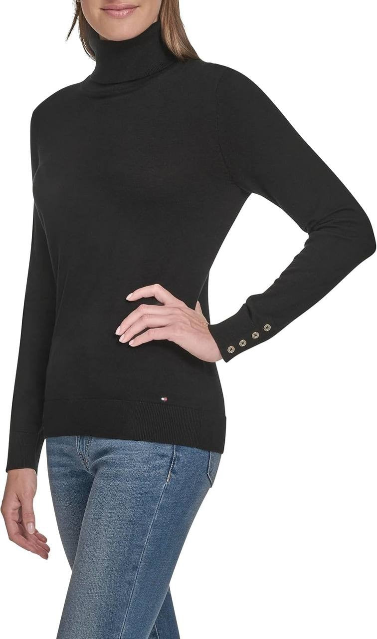 Tommy Hilfiger Cotton Lightweight Turtleneck Long Sleeve Top Black S/P NWT $69