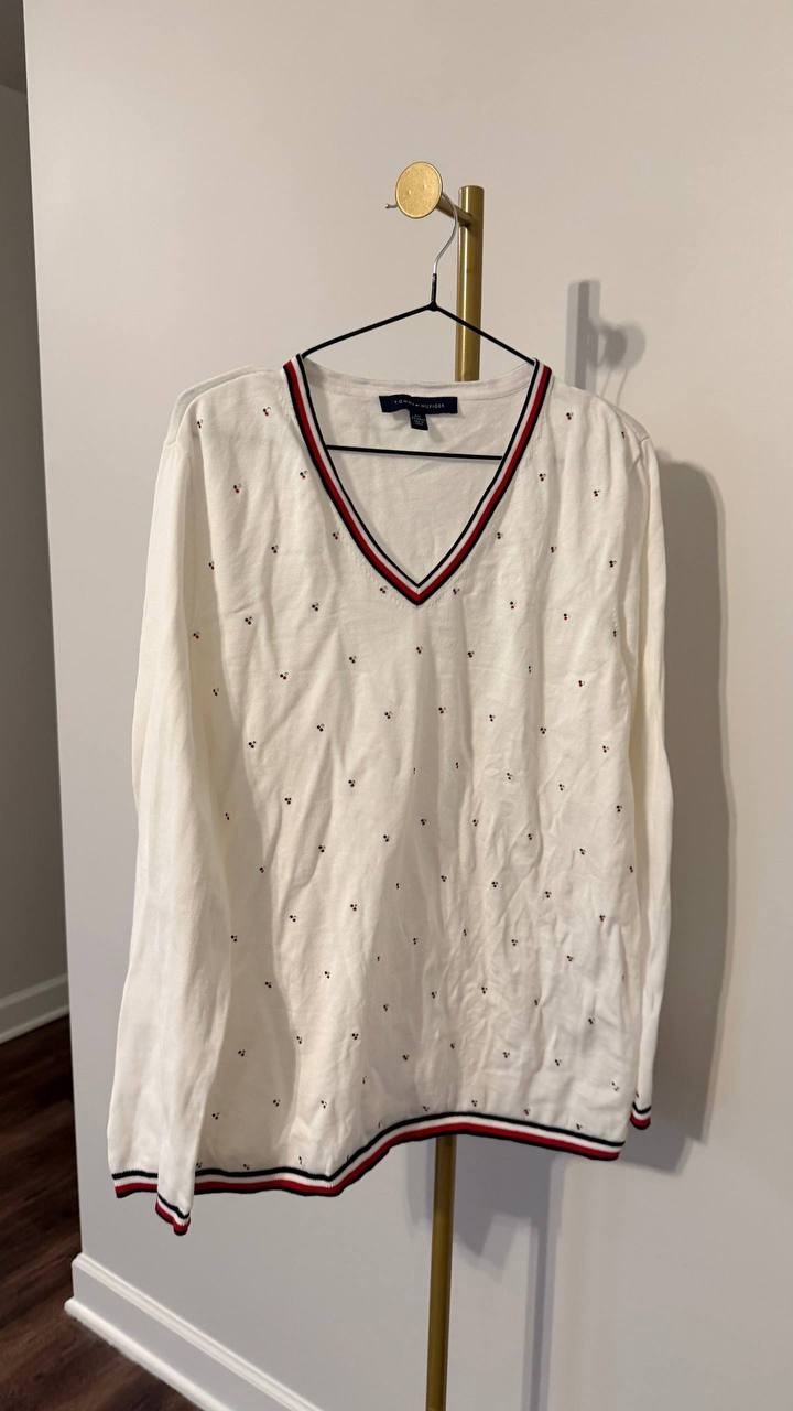 Tommy Hilfiger Cotton Hotfix V‑Neck Sweater White XXL Good Condition msrp$69.50
