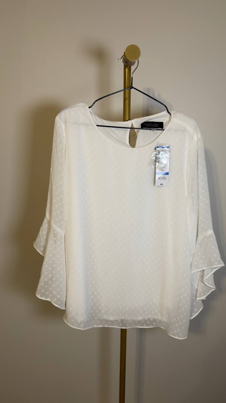 Black Label Evan-Picone Chiffon Bell 3/4 Sleeve Blouse White XL NWT $59