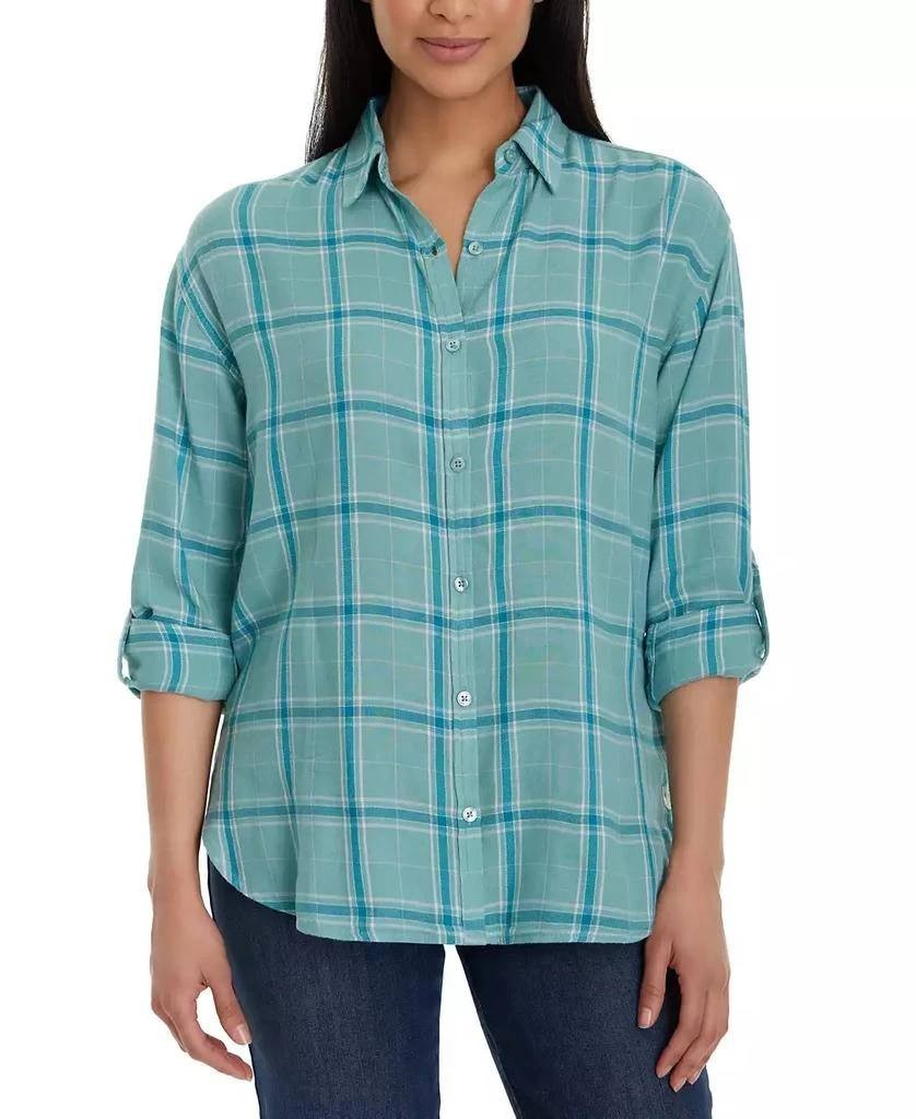 Gloria Vanderbilt Amanda Roll-Tab Shirt Aquifer Plaid Size M $48 –Casual Classiс