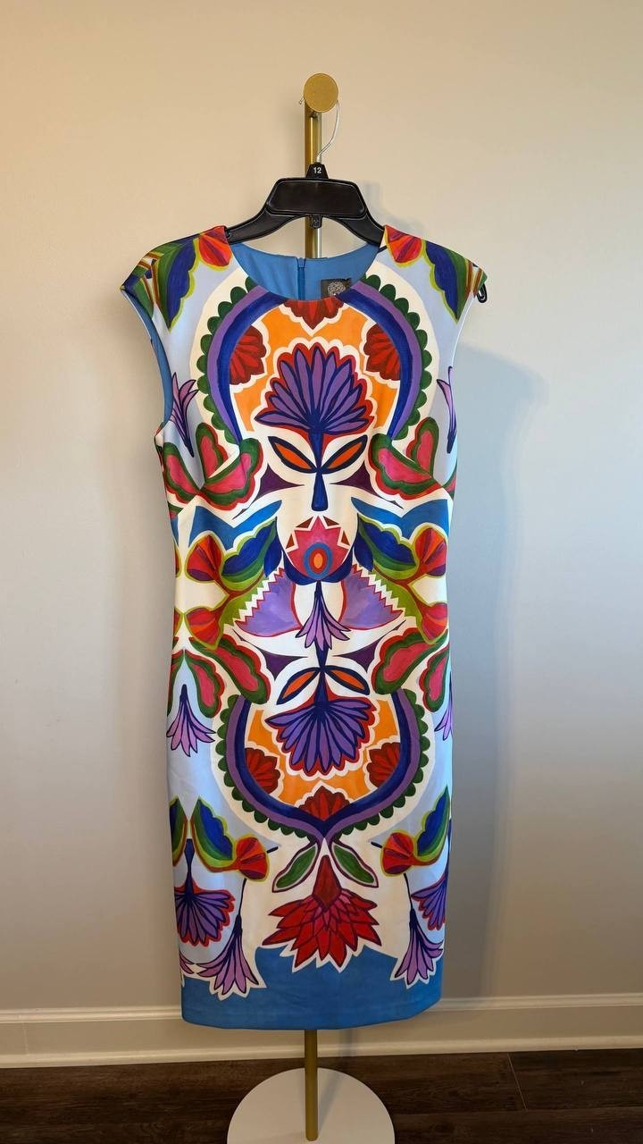 Vince Camuto Boat‑Neck Bodycon Sleeveless Dress Blue Multi 8 NWOT $148