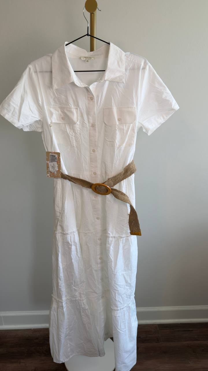 Her Destiny White Button-Front Tiered Dress Belted M NWT $118
