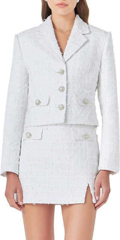 Endless Rose White Crop Tweed Jacket L NWT Without buttons Chic Modern msrp$185
