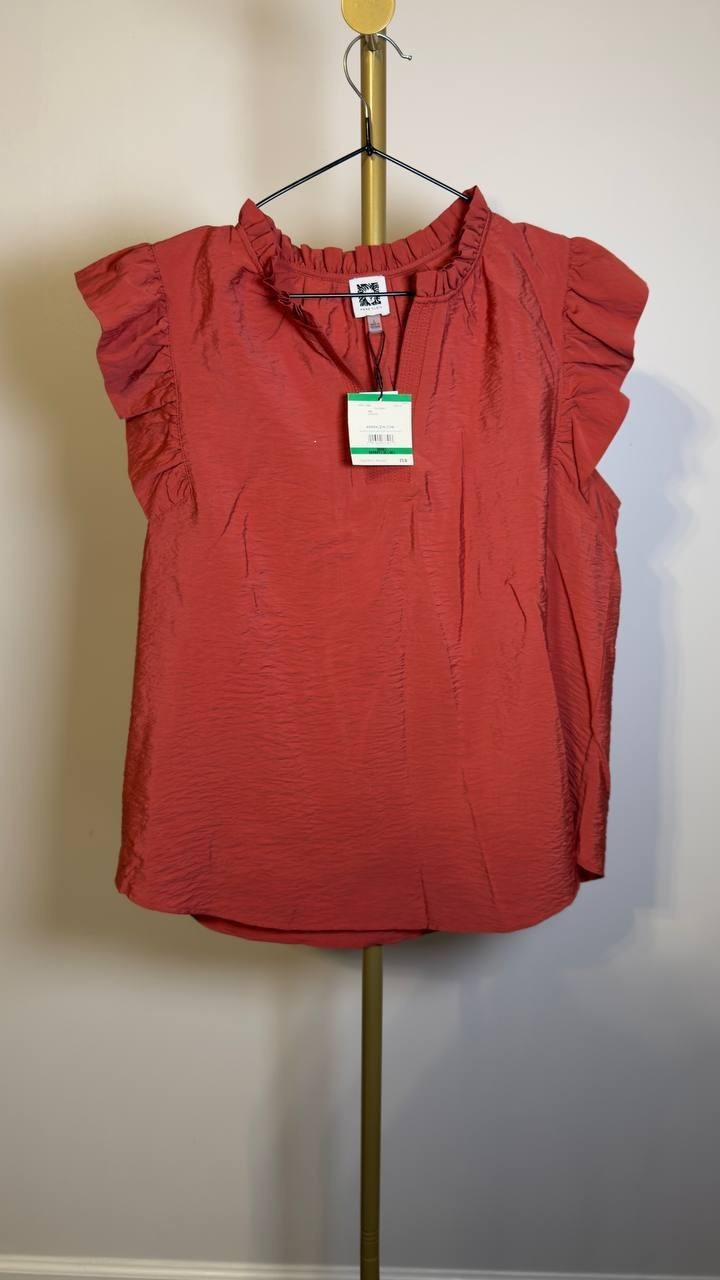 Anne Klein V‑Neck Flutter‑Sleeve Blouse Spiced Berry L NWT $79