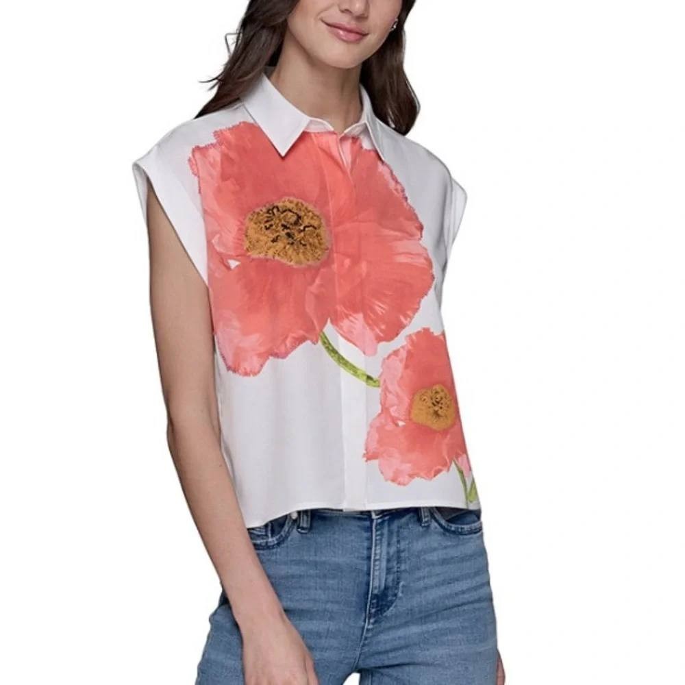 Karl Lagerfeld Paris Floral‑Print Blouse White Floral L NWT $109