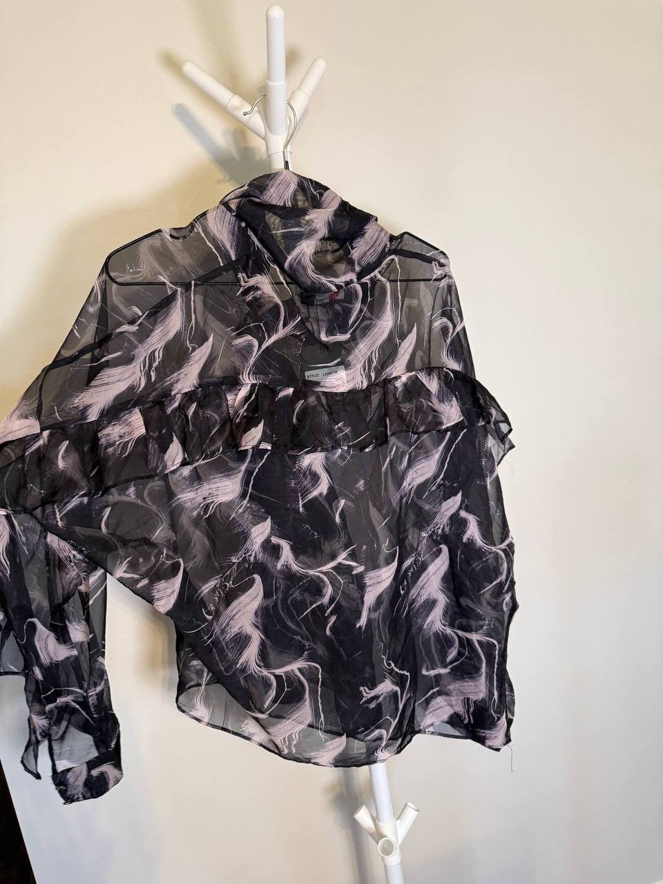 N by Nancy Satiny Sheer Ruffle Tie‑Neck Blouse– Size L -Black– NWT