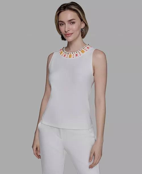 Karl Lagerfeld Paris Embellished Sleeveless Top White XL NWT $99