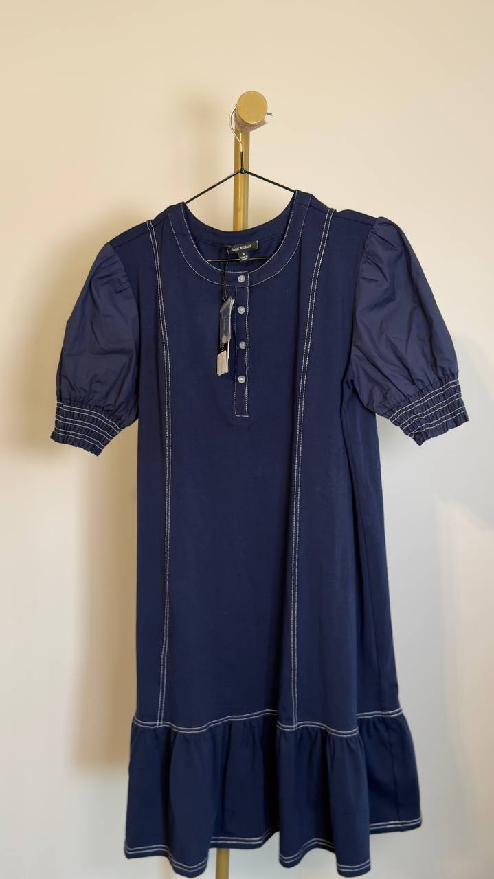 Isaac Mizrahi Top Stitch Drop Waist Stretch Cotton Dress Navy M NWT $128