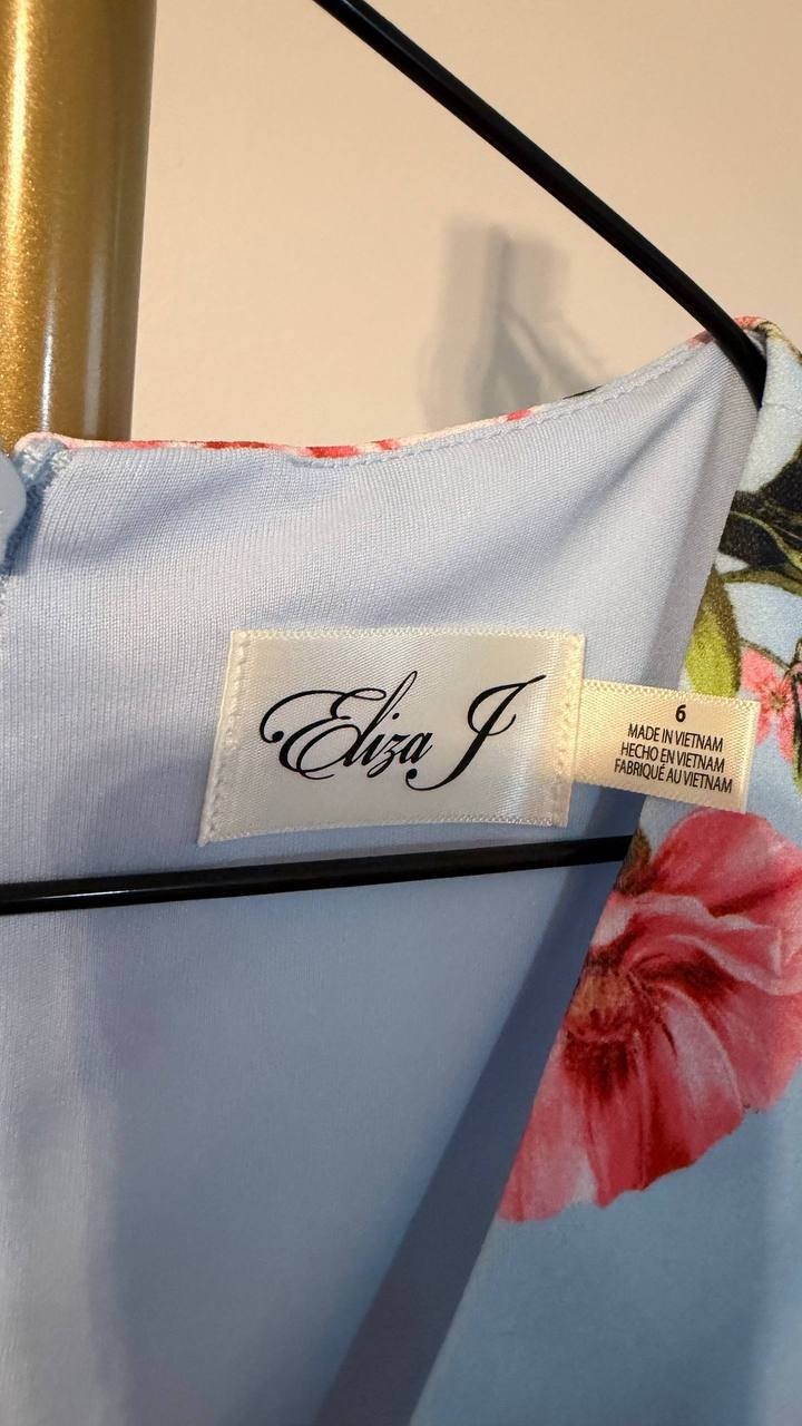 Eliza J Printed V‑Neck Bubble‑Sleeve Sheath Dress Light Blue 6 $138 NWT
