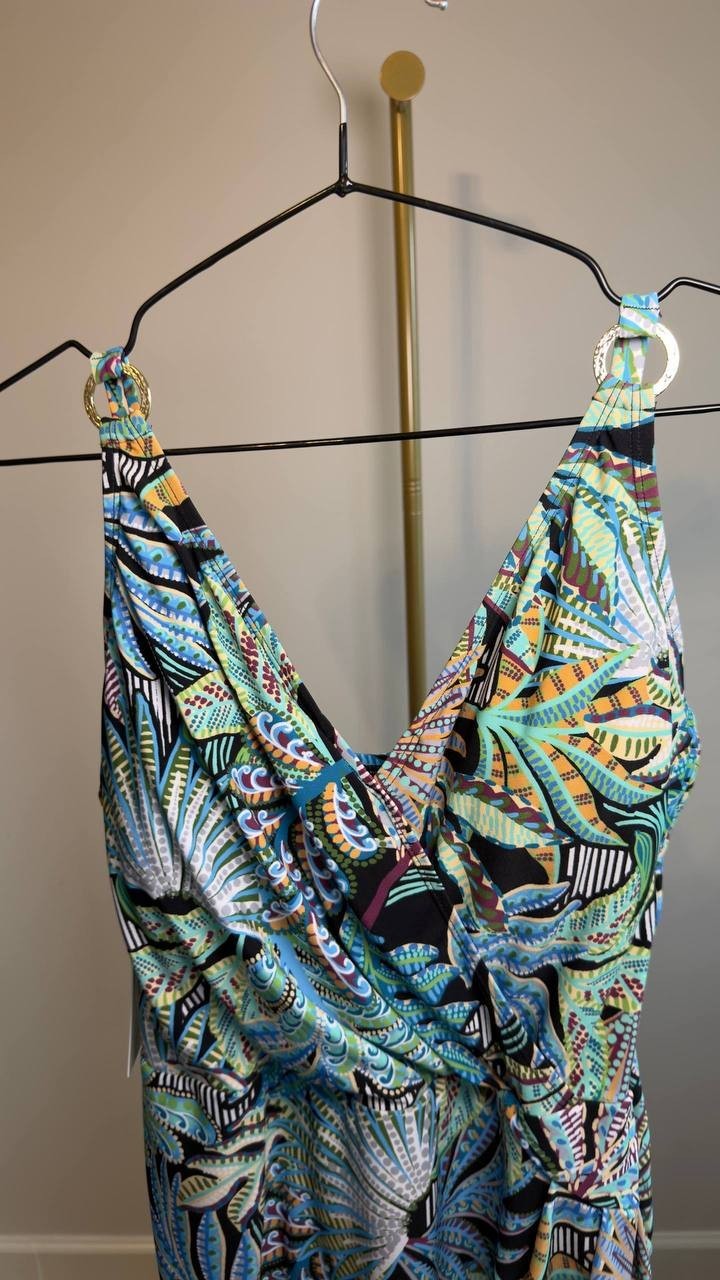 Beyond Control V‑Neck One‑Piece Swim Dress Black Multi 8 NWT $144