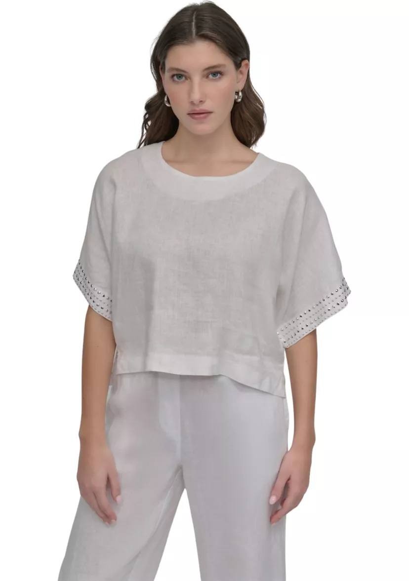 DKNY Pure White Linen Blend Top M Excellent Pre-Owned Casual Short Sleeve