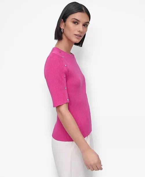 DKNY Sweater XS Pink Button Shoulder Elbow Sleeve Rib Knit Pullover Rayon NWT